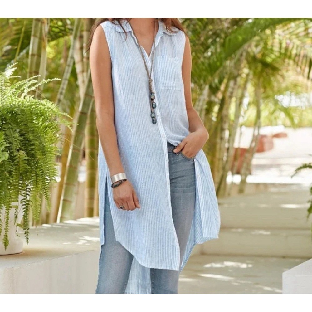 Sundance Linen Tunic Top Sz‎ Large Petite LP Button Up Beach Coverup Shirt Dress